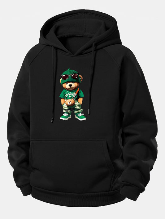 Trendy Bear Print Drawstring Hoodie
