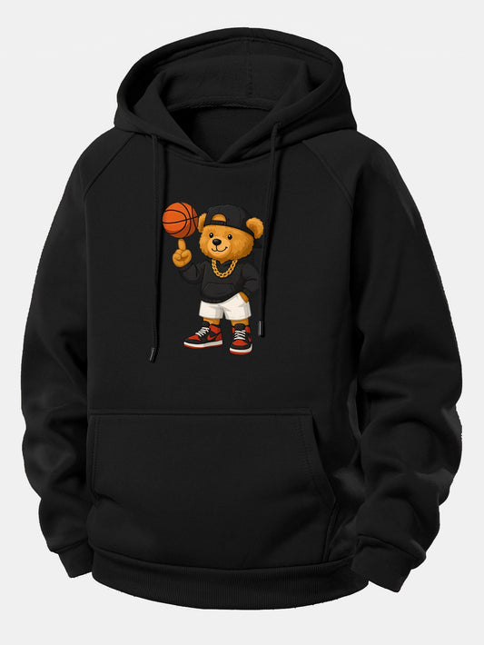 Basketball Bear Print Drawstring Hoodie