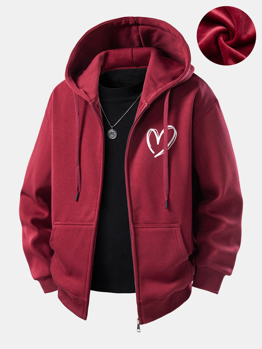 Heart Print Plush Fleece Lined Zip-Up Hoodie