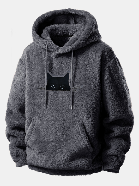 Relax Fit Black Cat Embroidered Teddy Hoodie