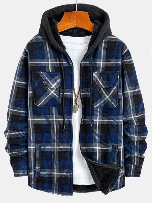 Teddy Lined Flannel Zip Up Plaid Hooded Shirt
