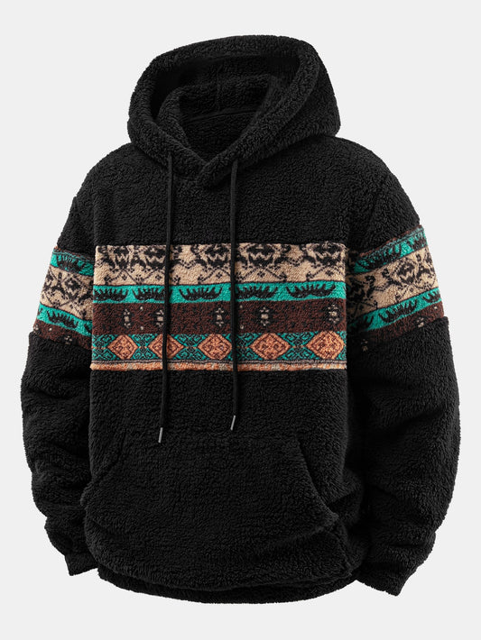 Relaxed Fit Ethnic Geometric Patchwork Teddy Hoodie