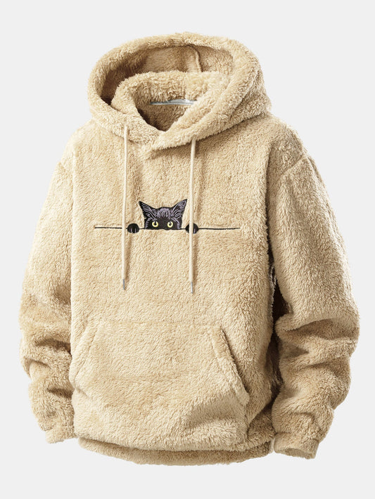 Black Cat Embroidered Teddy Hoodie