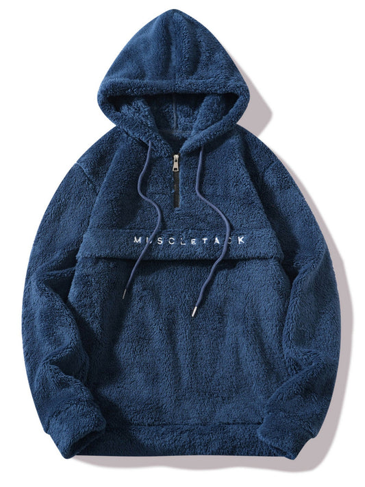Letter Embroidery Teddy Half-Zip Hoodie