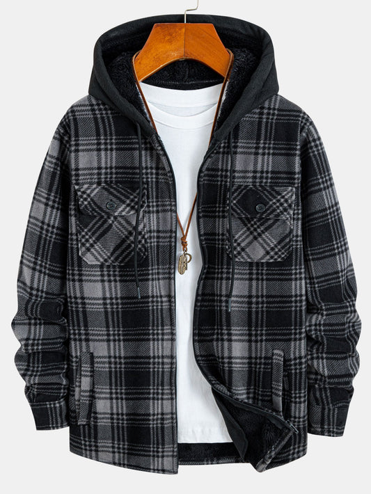 Teddy Lined Zip Up Flannel Plaid Hooded Shirt