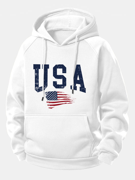 USA Flag Print Drawstring Hoodie
