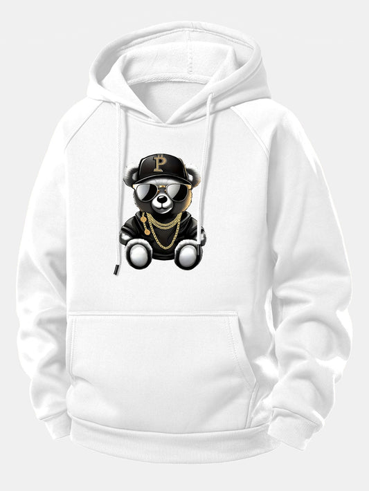 Hip Hop Bear Print Drawstring Hoodie