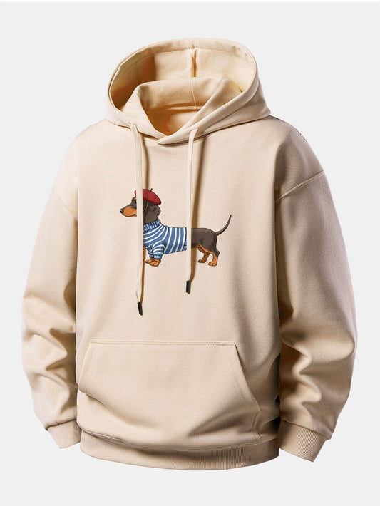 Dachshund Wearing Striped Sweater Print Relax Fit Hoodie