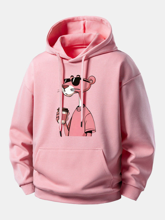 Pink Panther Drinking Coffee Print Relax Fit Hoodie