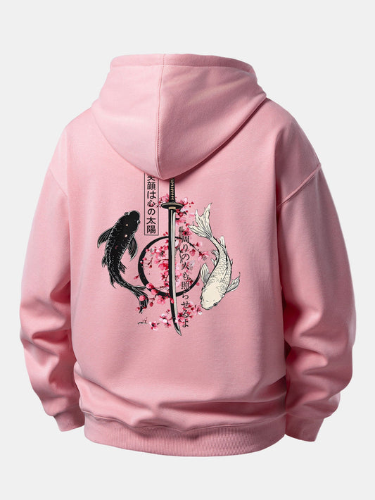 Japanese Samurai Katana Koi Fish Sakura Print Relax Fit Hoodie