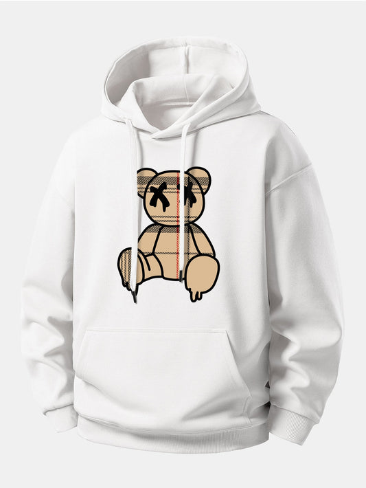 Plaid Pattern Dissolving Bear Print Relax Fit Hoodie