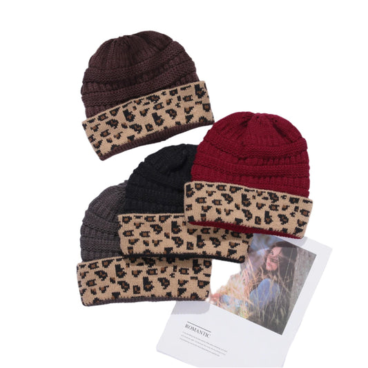 Trieber Leopard Print Cuffed Knit Beanie – Acrylic, One Size, 9 Colors
