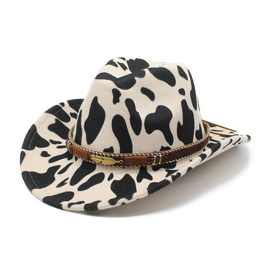Tate Cow Print Wool Felt Cowboy Hat, Medium Flat Brim