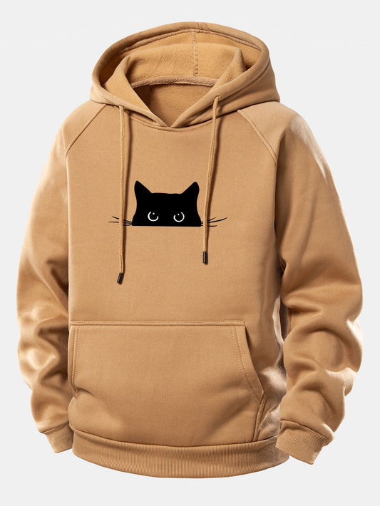 Black Cat Print Drawstring Hoodie