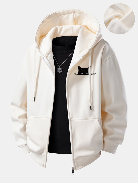 Black Cat Print Plush Fleece Lined Zip-Up Hoodie