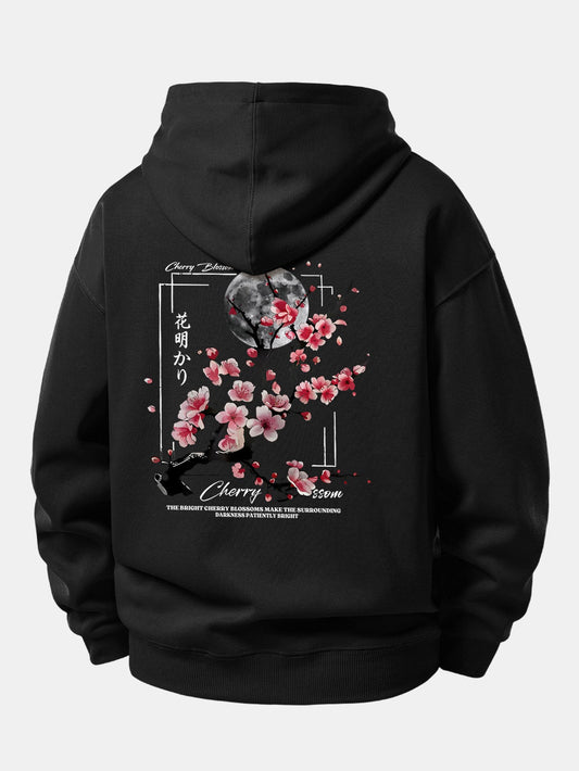 Japanese Cherry Blossoms Moon Print Relax Fit Hoodie