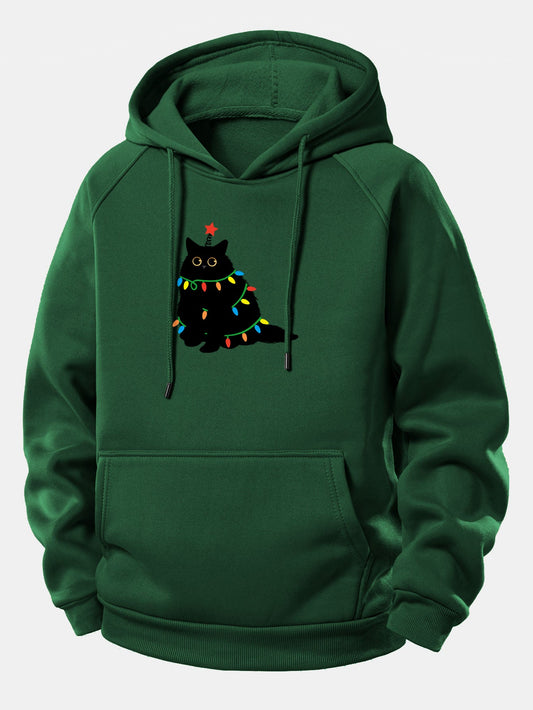 Christmas Lights Black Cat Print Drawstring Hoodie