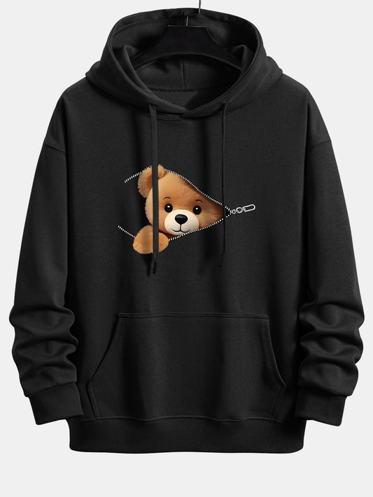 Zipper Bear Print Relax Fit Hoodie