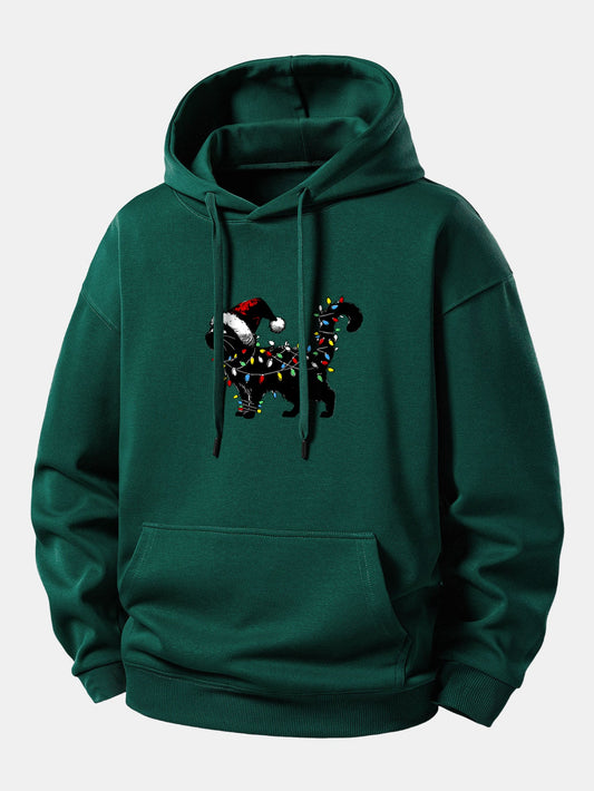 Christmas Colorful Light Black Cat Print Relax Fit Hoodie