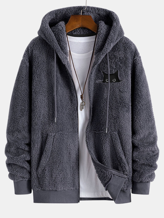 Black Cat Embroidered Teddy Zip Up Hoodie