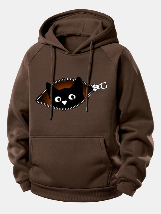 Zipper Black Cat Print Drawstring Hoodie