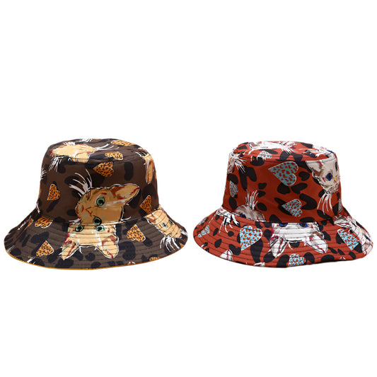 Cat Print Double-Sided Cotton Bucket Hat – Foldable, Unisex