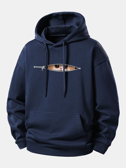 Zipper Cat Print Relax Fit Hoodie