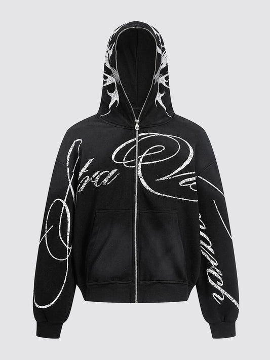 Oversized Script Graphic Zip-Up Hoodie