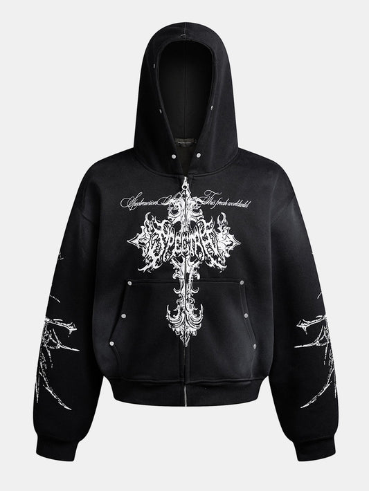 Distressed Cross Print Zipper Hoodie