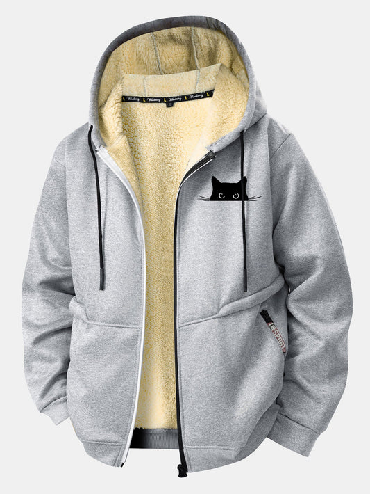 Black Cat Print Teddy Lined Zipper Hoodie