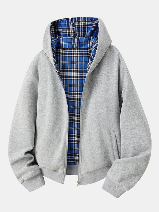 Relaxed Fit Reversible Plaid Lined Hoodie
