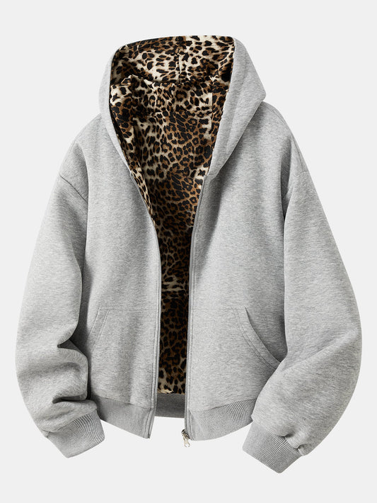 Relaxed Fit Reversible Leopard Lined Hoodie