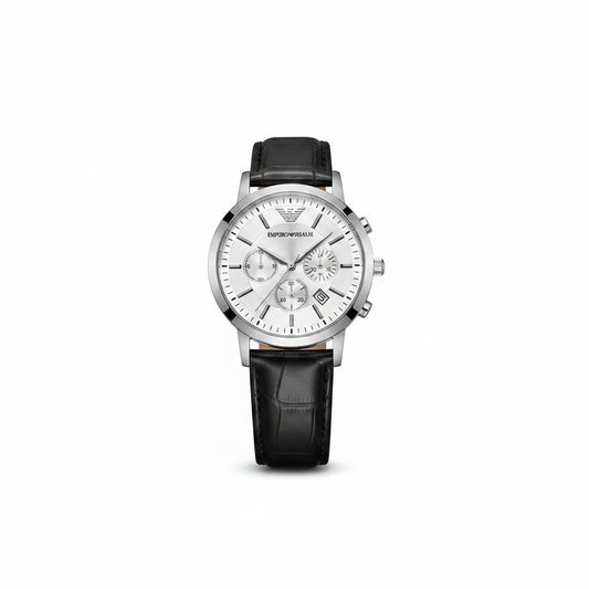Emporio Armani Men's Chronograph Dress Watch – White Dial Black Leather Strap