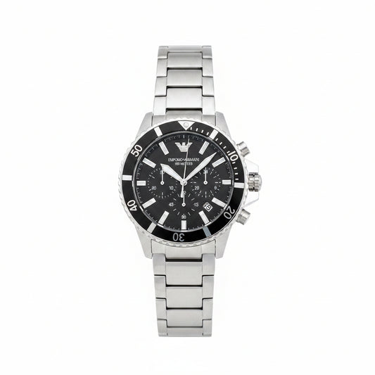 Emporio Armani Men's Diver Chronograph Watch – Silver Black Bezel