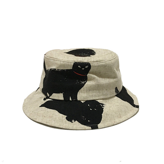 Henderson Black Cat Print Cotton Linen Bucket Hat – Flat Brim, Unisex