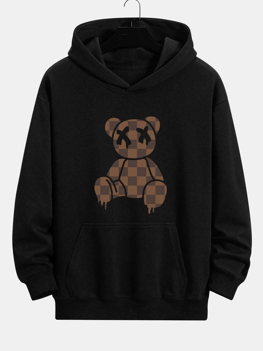 Plaid Dissolving Bear Print Relax Fit Hoodie