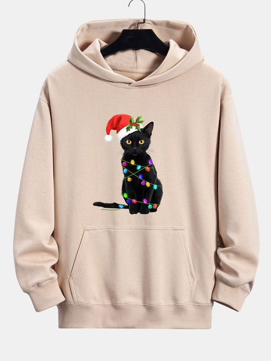 Christmas Lights Cat Print Relax Fit Hoodie